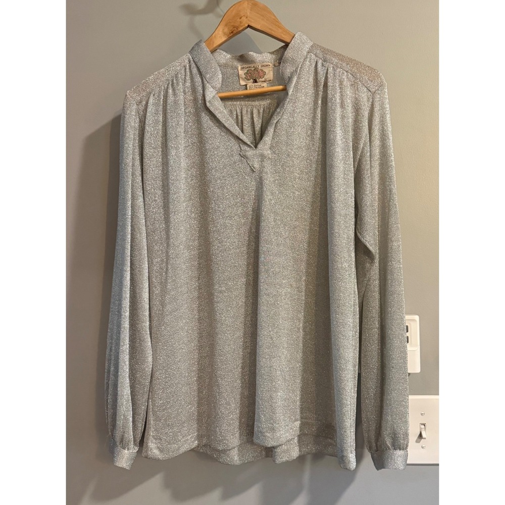 Organically Grown Blouse Womens M Silver Metallic Shimmer Vintage Long Sleeve